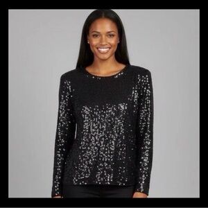 Stenay Black Silk Sequin Top Long Sleeve Beaded Evening Blouse Sz Large VTG 80’s